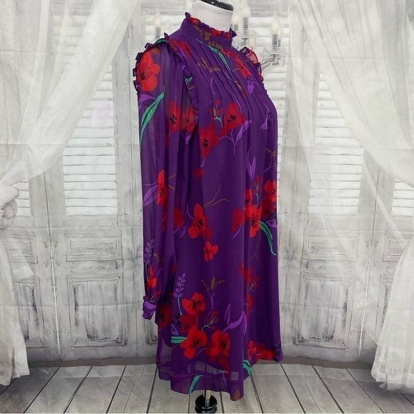 Calvin Klein Purple Red Floral Long Balloon Sleeve Mock Trapeze Above Knee Dress - Picture 8 of 12